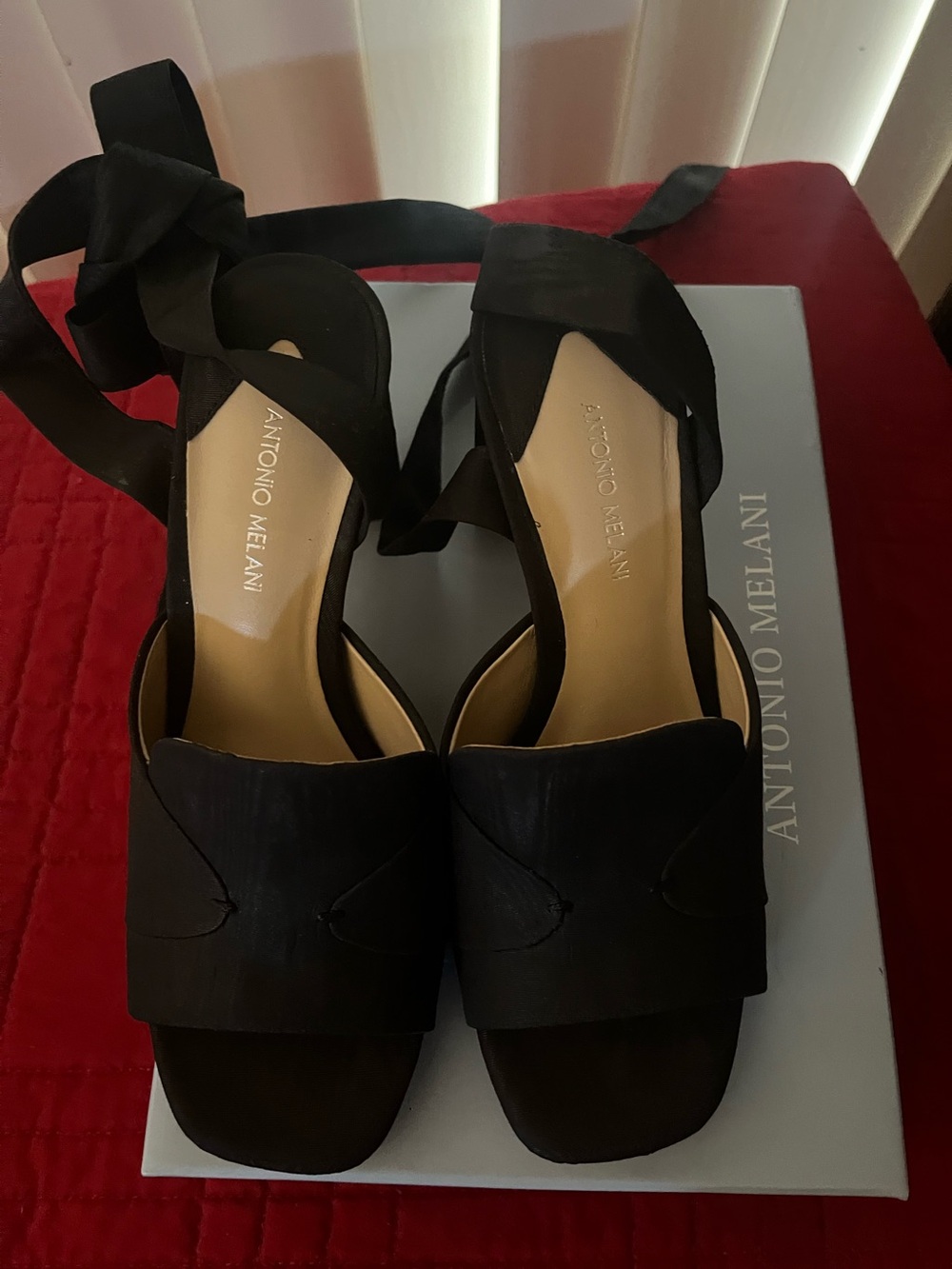 ANTONIO MELANI Black Satin Tie-Back Platform Mules